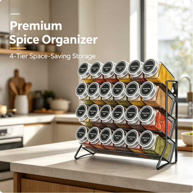 Commercial Kitchen Shelving - 4-stufiger Gewürzorganizer aus Kohlenstoffstahl, rutschfestes Küchenregal,