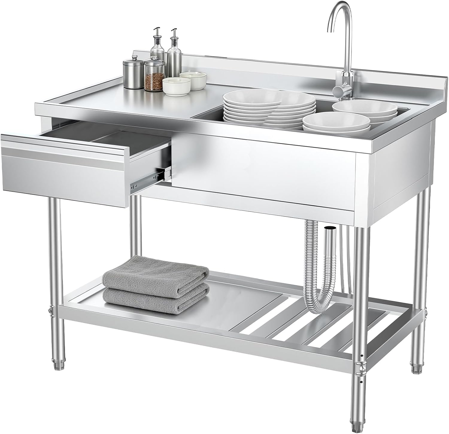 Commercial Kitchen Plumbing - Edelstahl-Allzweckschüssel mit Aufbewahrungsschubladen und Sanitäranlagen, Einzelwaschbecken,